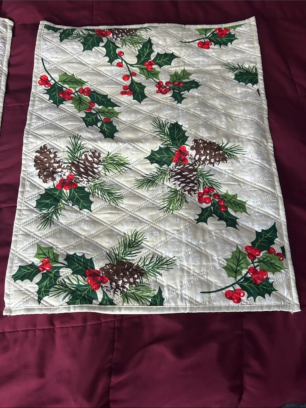 Martha Stewart quilted fabric shams holiday holly berries, leaves, pinecones